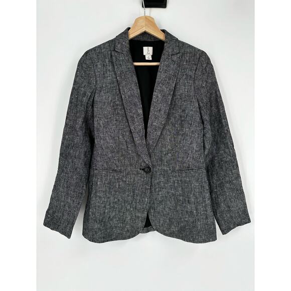 J. Crew Black Chambray Linen Blazer Gray Size 0 One Button - Picture 1 of 10